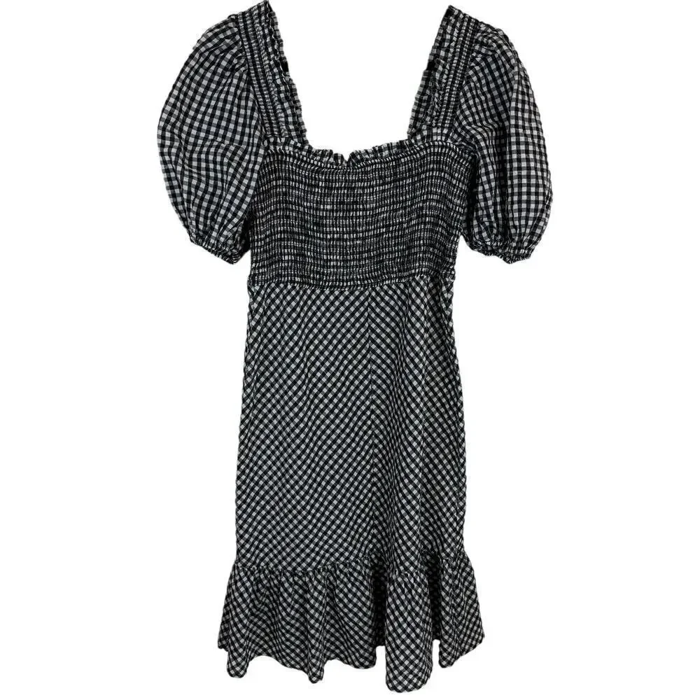 Ganni Gingham Check Seersucker Square Neck Puff Sleeve Dress Black White 12/44